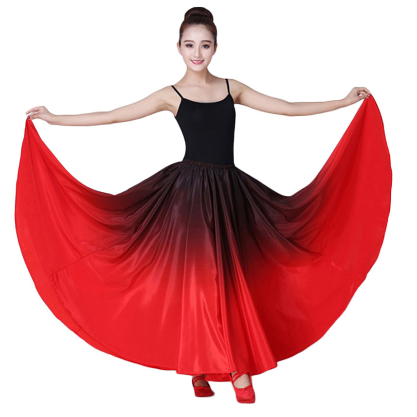 여자의 스페인어 플라멩코 치마 집시 그라디언트 컬러 댄스 복장 밸리 스커트 드레스 연습 긴 스윙 성능 의상